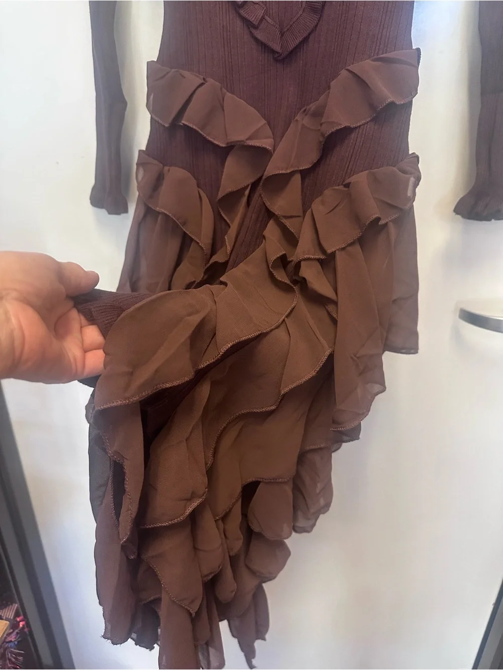 KHAITE Chocolate Brown Long-Sleeve Ruffle Midi Dress - Picture 4 of 4
